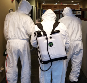 Sanitizing crew at an office building in Bedford Park, Illinois